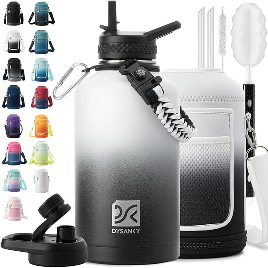 Insulated Water Bottle | Thickened Stainless Steel Vacuum Metal | Portable Sports Half Gallon Large Water Jug for Gym and Hiking with Straw, Carrier Bag, Handle Strap | BPA-Free 64 oz