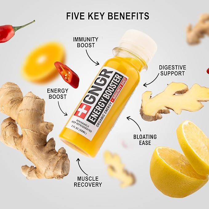 '+GNGR Energy Booster & Immunity Shot, Cold-Pressed Ginger Shots with Lions Mane, 75mg of Natural Caffeine Green Tea, Turmeric Root, Vitamin D & Zinc for All Natural Immune Support (2 Oz, Pack of 12)