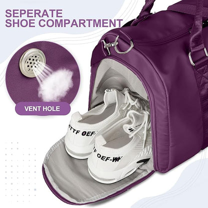 FIORETTO Womens Gym Tote Duffle Bag with Wet Pocket & Shoe Compartment, Sports Duffel Overnight Weekender Hospital Workout Carry on Bag for Girls, Ideal for Travel, Swimming, Dance, Ballet Dark Purple