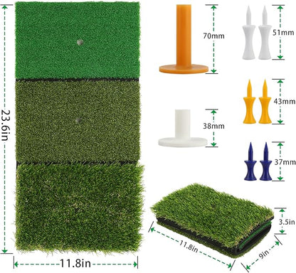 Golf Practice Mat 3-in-1 Turf Golf Hitting Mat for Swing, Putting & Chipping | Portable Golf Training Mat Indoor/Outdoor, Golf Mat with 8 Tees