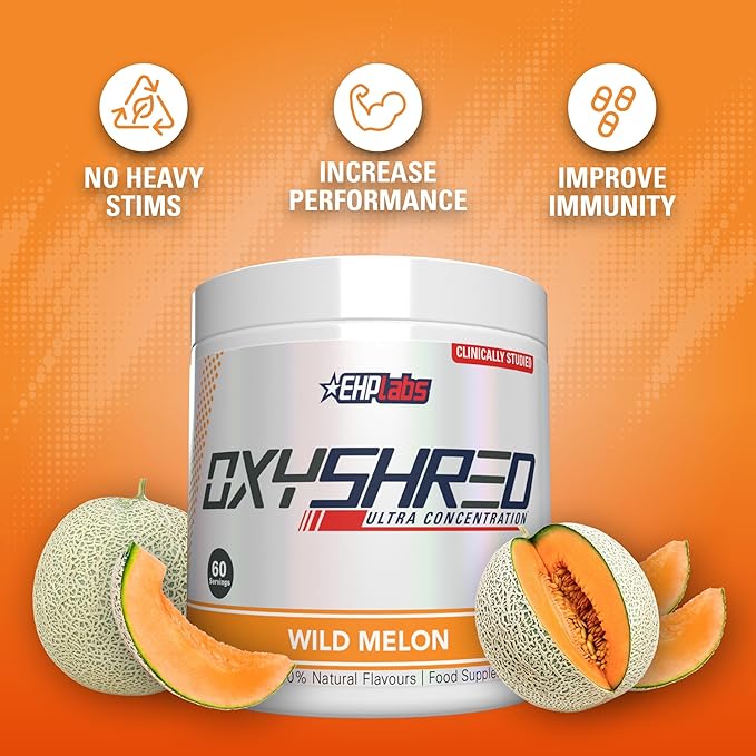 EHP Labs OxyShred Pre Workout Powder & Shredding Supplement - Preworkout Powder with L Glutamine & Acetyl L Carnitine, Energy Boost Drink - Wild Melon, 60 Servings