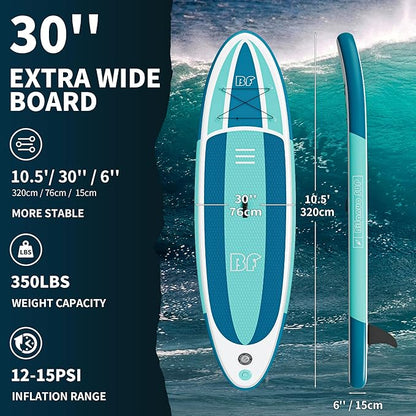 Inflatable Stand Up Paddle Board with SUP Accessories & Backpack. Paddle Boards for Adults. Non-Slip Deck, Wide Stance, Bottom Fin, Double Action Pump.