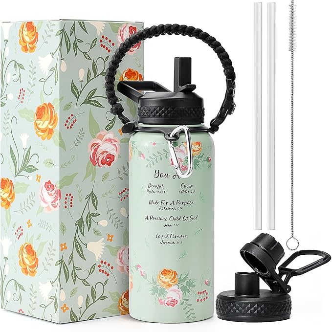 32oz Insulated Water Bottle,Stainless Steel Vacuum Water Bottle, BPA-Free & Leakproof -with Paracord Handle,Strap,Straw Spout Lids, Water Jug for Gym Sports,Christmas Gifts for Women