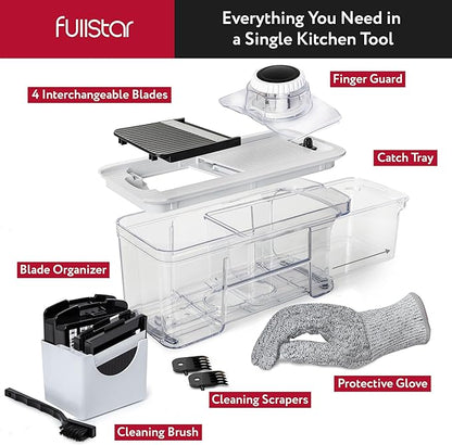 Fullstar All-in-1 Vegetable Chopper and Mandoline Slicer for Kitchen - Cheese Grater, French Fry Cutter, Cheese Slicer - Bonus Handheld Spiralizer Included (4 in 1, Black/White)