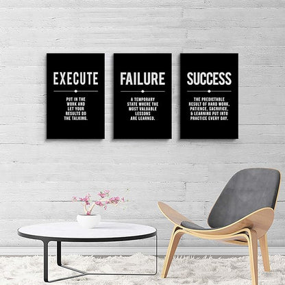 Framed Canvas Wall Art Success Quote, Office Wall Art, Black Large Poster, Positive Motivational Set of 3 Prints, Execute Failure Definition, Inspirational Print (A-3pcs,16x24inchx3pcs)