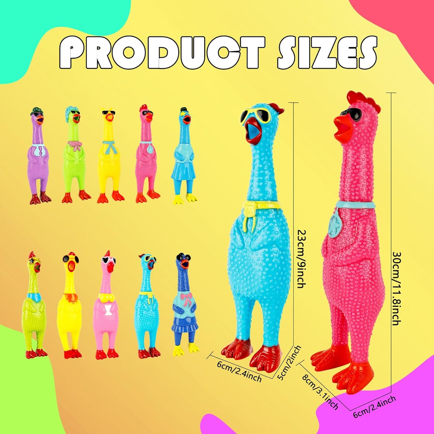 10 Pcs 9 Inch 12 Inch Rubber Chicken Dog Toy Squeaky Screaming Chicken Dog Rubber Squeeze Squeaky Prank Noise Maker Chew Toy for Pets, 2 Sizes