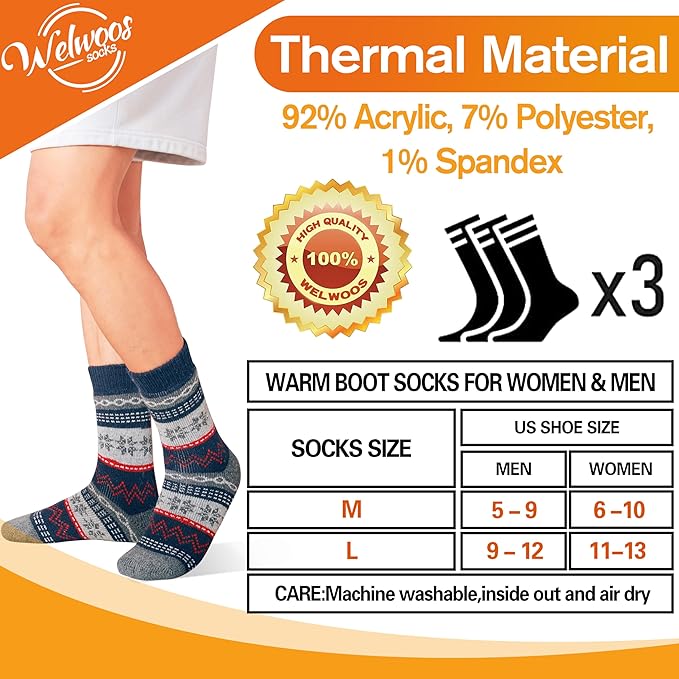 3 Pairs Warm Thermal Socks for Women & Men Winter Ski Thick Boot Insulated Socks for Cold Weather