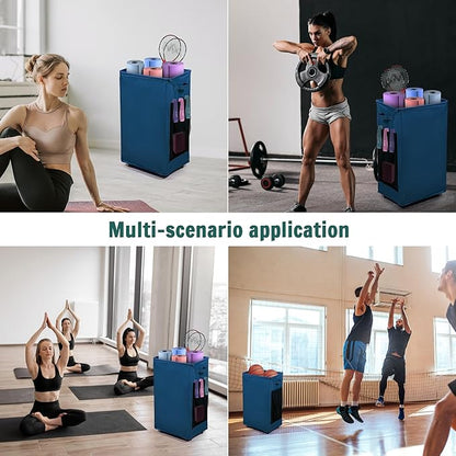 Yoga Mat Storage Racks, Home Gym Storage Rack with Wheels, Yoga Mat Holder Side 2 Mesh Pockets, Yoga Storage Basket Holds 4 Yoga Mats, 2 Foam Rollers, 6 Resistance Bands