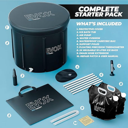 Ice Bath Tub for Athletes – Complete Starter Pack [Cold Plunge Tub, Thermometer, Repair Patch, 2X Reusable Ice Bags] Indoor & Outdoor Inflatable Tub for Recovery – 110 Gal Portable Ice Pod Barrel