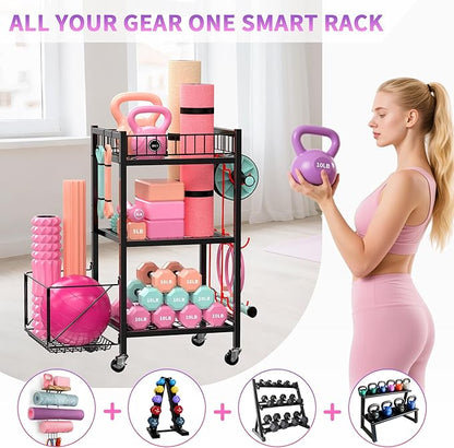 3-Tier Home Gym Storage Rack, Adjustable Yoga Mat Storage Rack, 250LBS Metal Workout Equipment Storage Cart with Large Basket & Lockable Wheels for Mats, Bands, Foam Rollers, Yoga Block