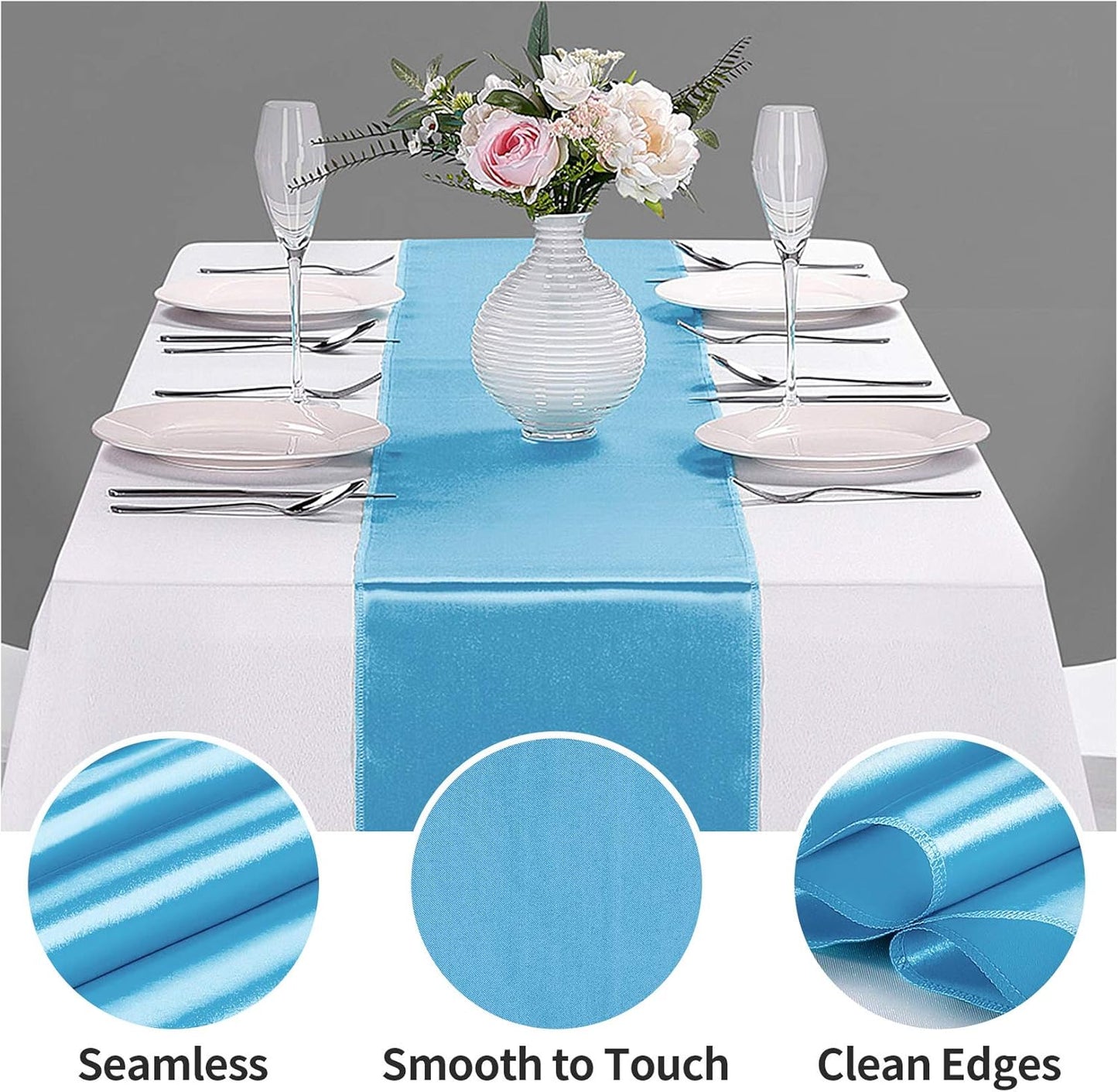 10-Pack Satin Table Runner Blue 12 x 108 inches Long, Table Runners for Wedding, Birthday Parties, Banquets Decorations（10 Pack, 12x108 Inch, Blue）