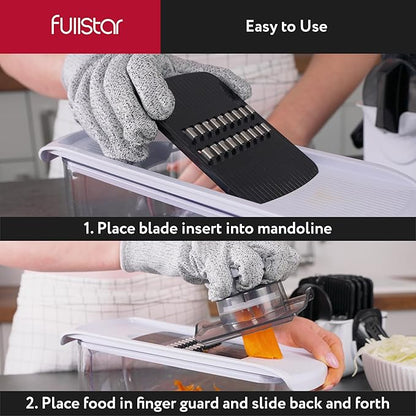 Fullstar Mandoline Slicer for Kitchen, Fruit Cutter, Cheese Grater, Cucumber Slicer, Veggie Spiralizer, Food Cutter & Kitchen Gadgets with Safety Glove (9 in 1, White)