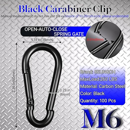 100Pcs 2.36" Spring Snap Hook Carabiners, M6 Galvanized Steel Black Small Carabiner Clip, Keychain Clip, Quick Link Key Chain for Hammock Swing Set Outdoor Travel, Camping, Fishing, Hiking
