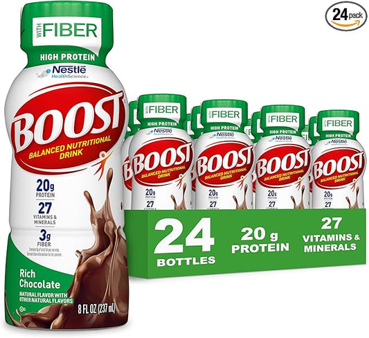 BOOST High Protein with Fiber Ready to Drink Complete Nutritional Drink, Rich Chocolate, 8 fl oz Bottle, 24 Pack