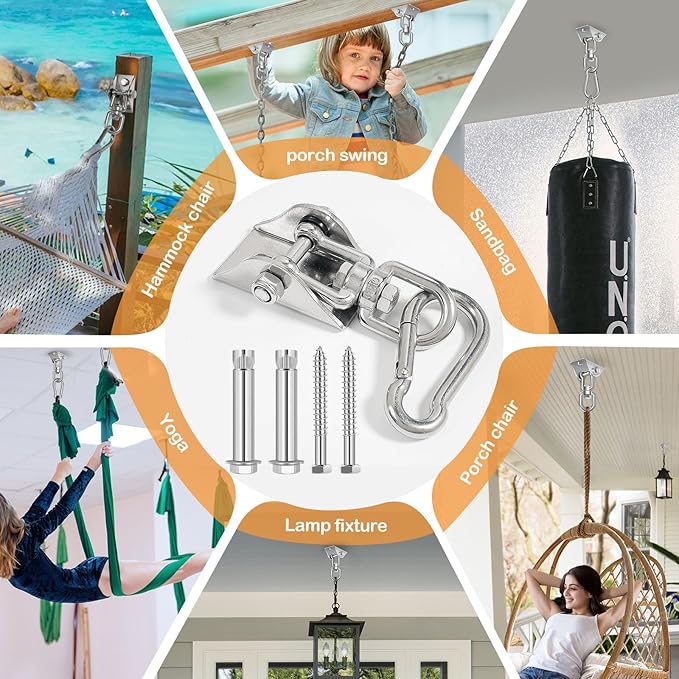 Hammock Hanging Kit 2 Pack, Porch Swing Hanging Kit 1200 Lb Capacity, Hammock Ceiling Hooks Heavy Duty 360° Stainless Steel Rotating Hanging Swing Chair for Hammock Chair Stand, Porch, Yoga, Gym