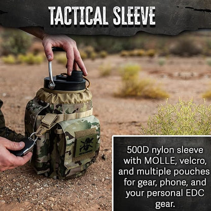 Iron Infidel Battle Bottle - One Gallon Insulated Water Bottle with Dual Carry Handles - 128 oz Tactical Stainless Steel Water Jug & Rugged Extra Large Sleeve With Storage (OCP Camo 128 Ounces)