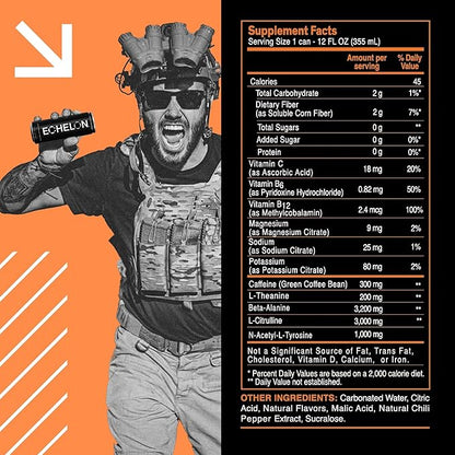 Echelon Pre-Workout Energy Drink - 12-Pack, Mango Reaper - Peak Performance, Sustained Energy, Focus and Endurance Dietary Supplement - 300mg of Caffeine, Beta-Alanine, L-Theanine & Fiber - Vegan