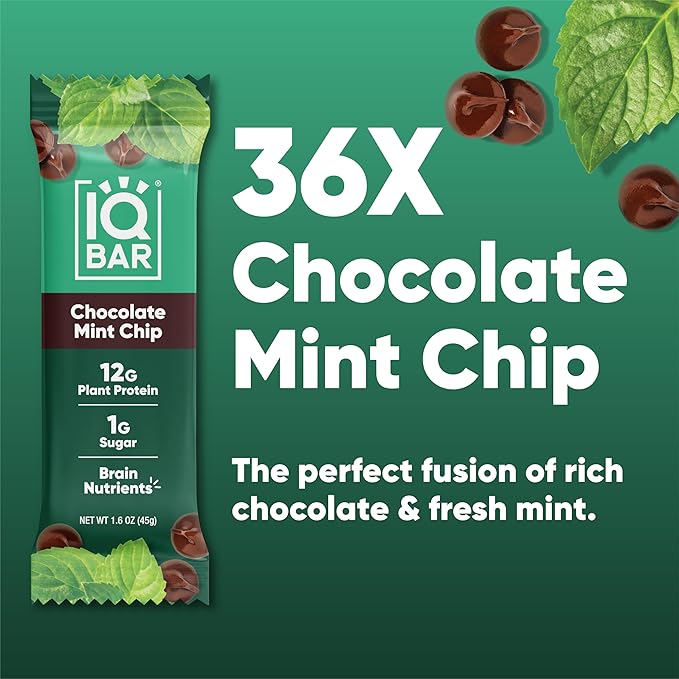 IQBAR Brain and Body Plant Protein Bars - Chocolate Mint Chip - 36-Count Low Carb - Gluten Free, High Fiber, Vegan Snacks - Low Sugar Meal Replacement