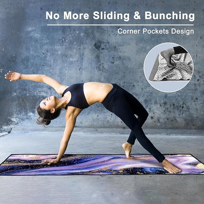 QIYI Large Yoga Mat Towel with Corner Pockets, Non Slip Sweat Absorbent Hot Yoga Towels, Soft Yoga Blankets with Travel Bag, Skidless Mat Cover for Workout, Gym, Fitness - 74"x26", Purple & Pink Grain