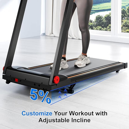 Treadmill with 5% Incline, 300lbs Capacity Folding 15 HP Small Treadmills for Home Portable Running Treadmill with Handles Quiet Brushless Dual Cushion System, Electric Compact Treadmil