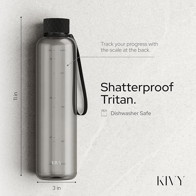 KIVY Slim Water Bottle 32oz [Lightweight & Shatterproof] Fits Backpack & Cupholder for Travel, Sports, School, Gym - Clear water bottle with measurements - Transparent Tritan Black - Dishwasher Safe