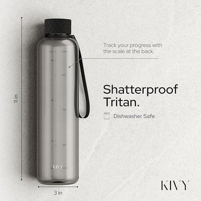 KIVY Slim Water Bottle 32oz [Lightweight & Shatterproof] Fits Backpack & Cupholder for Travel, Sports, School, Gym - Clear water bottle with measurements - Transparent Tritan Black - Dishwasher Safe