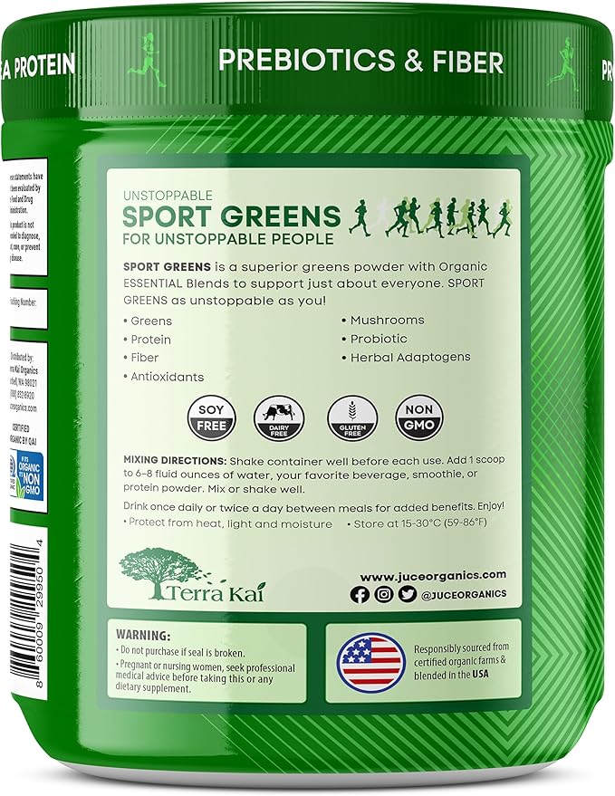 Juce SG7 Sport Greens Powder Supplement | Organic Plant Based Protein | Green Juice Powder | Probiotics | Mushrooms | Mixed Berry Flavor | 30 Servings | By Terra Kai Organics