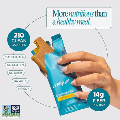 Essential Nutrition Bars by LyfeFuel | Vegan Protein Bar & Low Carb Meal Replacement for Intermittent Fasting and Hunger Control | 12g Plant-Based Protein, High Fiber, MCT Oil and 21 Organic Vitamins | No Sugar Alcohols (Lemon Ginger Tart)