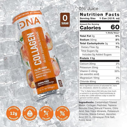 HYDRADNA- Sparkling Liquid Collagen Protein Water Drink Balanced Nutrients for Wellness - Sugar-Free - Keto-Friendly - No Gluten (12 Pack) Georgia Peach