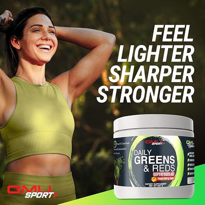 GMU SPORT Daily Greens and Reds, Super Greens Powder, 42 Superfoods, Probiotics, Adaptogens, Antioxidants for Gut Health, Superfood Powder for Mental Focus, Organic Greens Powder - Peach Berry Flavor