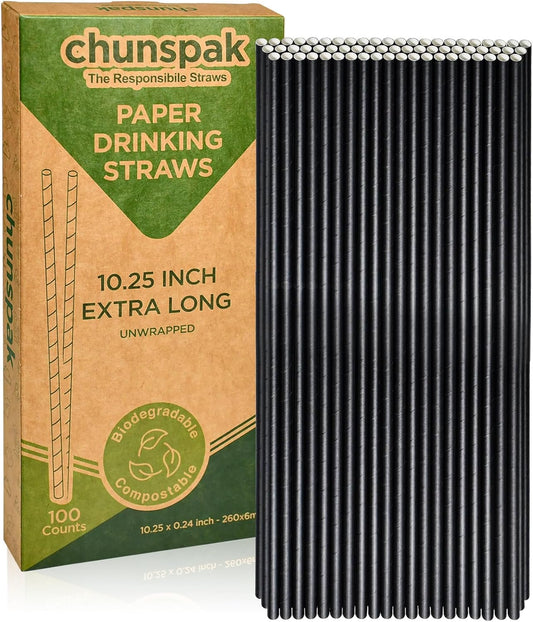 10 Inch Tall Disposable Black Paper Drinking Straws, 0.24" Diameter - Pack of 100