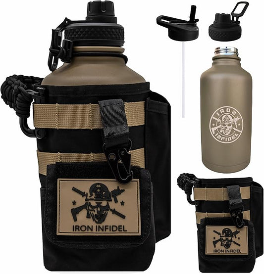 Iron Infidel Battle Bottle - Half Gallon Insulated Water Bottle with Paracord Handle, Large 64 oz Stainless Steel Water Jug with Rugged, Removable Sleeve for Keys, Wallet & Phone (Brown Recluse 2L)