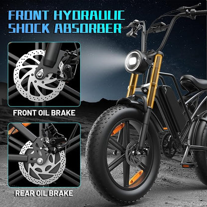 E500 Electric Bike for Adults 1000W Peak Motor, 20" Fat Tire Dirt E-Bike with 35MPH, 40 Miles PAS Range, Electric Bicycles with 48V Removable Battery, 7-Speed E Bike for Mountain Beach Sand Road Snow