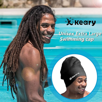Keary Extra Large Swim Cap for Braids and Dreadlocks Extensions Weaves Long Hair, Waterproof Silicone Cover Ear Bath Pool Shower Swimming Cap for Adult Youth to Keep Hair Dry, Easy to Put On and Off