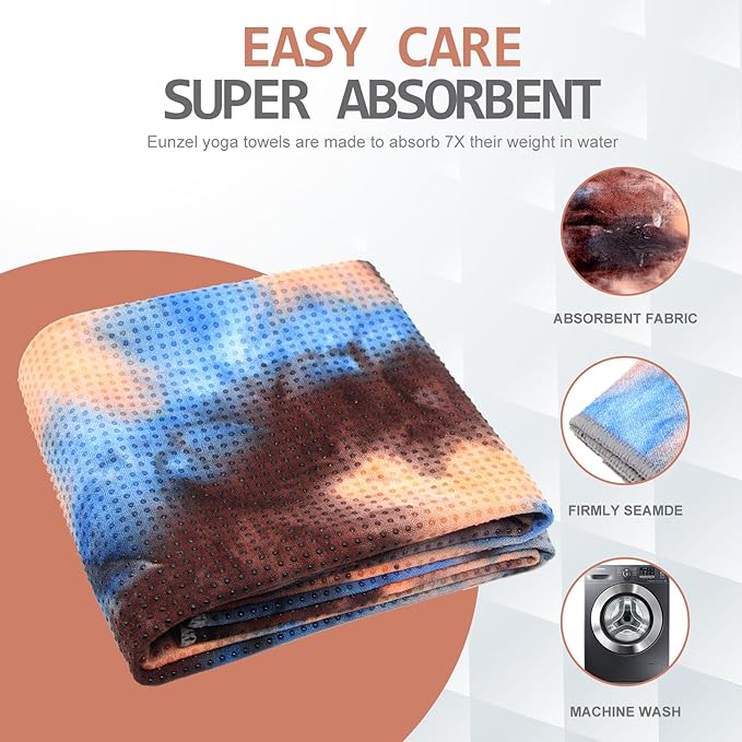 Eunzel Yoga Towel,Hot Yoga Mat Towel with Grip Dots Sweat Absorbent Non-Slip for Hot Yoga, Pilates and Workout 24" x72", Blue & Brown