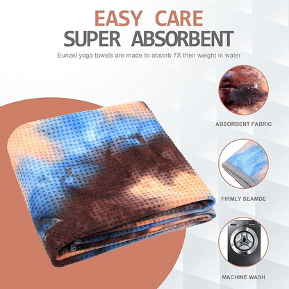 Eunzel Yoga Towel,Hot Yoga Mat Towel with Grip Dots Sweat Absorbent Non-Slip for Hot Yoga, Pilates and Workout 24" x72", Blue & Brown