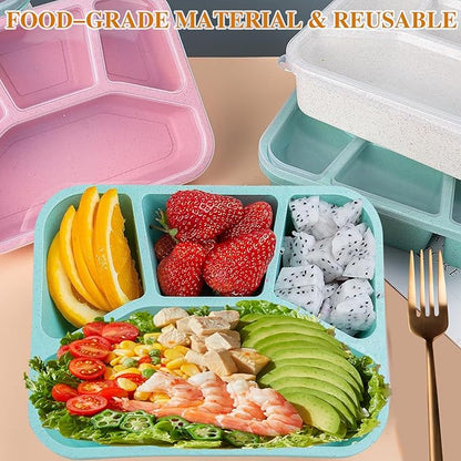 15 PCS Bento Box, 4 Compartment Bento Box Adult Set, Wheat Straw Bento Lunch Box, Reusable Lunch Snack Box, Microwave, Dishwasher and Freezer Safe Meal Prep Containers for Work, School and Travel