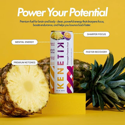 KENETIK Nootropic Ketone Drink, Ketones for Energy & Focus, Caffeine & Sugar Free, High Performance D-BHB Ketone Mix, Fuel w/Zero Crash or Jitters, Ready to Drink - Pineapple Passionfruit 12 Pk