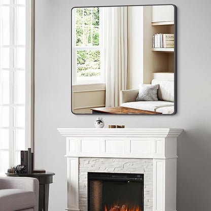FORBATH Bathroom Mirror 36" x 36"，Large Square Wall Mirror with Black Aluminum Frame Rounded Corner, Wall Mounted Mirror for Bathroom Bedroom Entryway Living Room