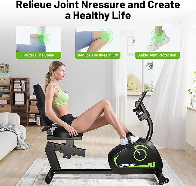 Caromix Recumbent Exercise Bike for Adults Seniors, Stationary Bike for Home with Comfortable Seat and Heart Rate Handle, Magnetic Resistance Indoor Cycling Bike with 300LBS for Cardio Workout