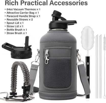 Insulated Water Bottle | Thickened Stainless Steel Vacuum Metal | Portable Sports Half Gallon Large Water Jug for Gym and Hiking with Straw, Carrier Bag, Handle Strap | BPA-Free 64 oz