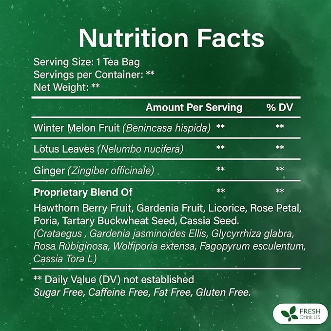 FreshDrinkUS, Oil-Reducing Herbal Tea – 40 Tea Bags | Blend of Winter Melon, Lotus Leaf, Ginger, Hawthorn, Gardenia Fruit, Rose, Cassia Seed & More | Naturally Caffeine-Free | Delicious Hot or Iced