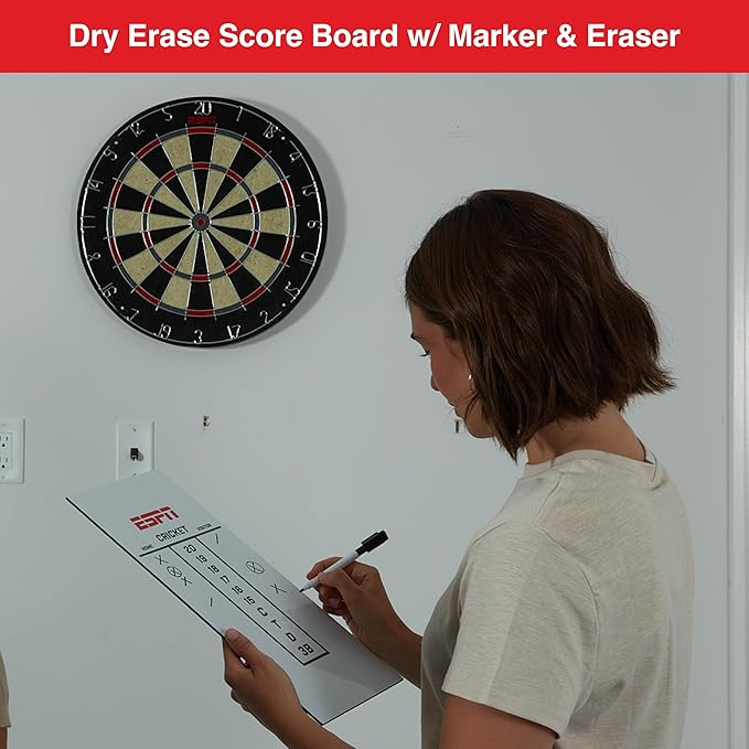 ESPN Dart Board Includes 6 Steel Tip Darts, Bristle Dartboard with Radial Spider Wire and Staple Free Bullseye, Ideal Party Games for Adults