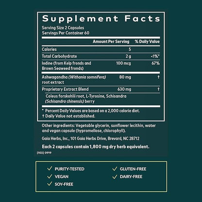 Gaia Herbs Thyroid Support - Made with Ashwagandha, Kelp, Brown Seaweed, and Schisandra to Support Healthy Metabolic Balance and Overall Well-Being - 120 Vegan Liquid Phyto-Capsules (40-Day Supply)