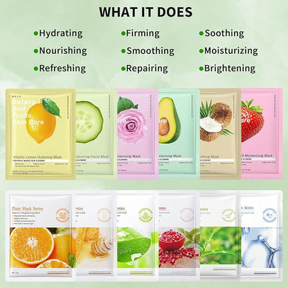 12 Pack Face Masks Skincare, Hydrating Face Masks for Women Skin Care Sheet Face Mask for Kids Teens Girls, Face Sheet Mask for All Skin Types, Skincare Set Gift Spa Party Favors for Girls Teens Women
