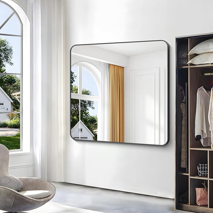 48x48 inch Bathroom Mirror,Black Rectangle Mirror,Wall Mounted Bathroom Frame Vanity Mirror with Round Corner for Bedroom Living Room,Entryway Hangs Horizontal or Vertical