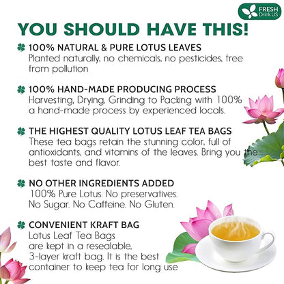 FreshDrinkUS, Premium 30 Lotus Leaf Tea Bags, 100% Natural & Pure from Lotus Leaves. Loose Leaf Lotus Herbal Tea. Made with Eco-Conscious Tea Bags. No Sugar, No Caffeine, No Gluten, Vegan.