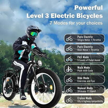 Electric Dirt Bike, 5000W Peak Dual Motor EBike for Adults, 60V 25AH Battery Electric Bike with 40-50MPH Mountain AWD 21-Speed Snow, 26" x 4.0 Fat Tire, Long Range Off-Road