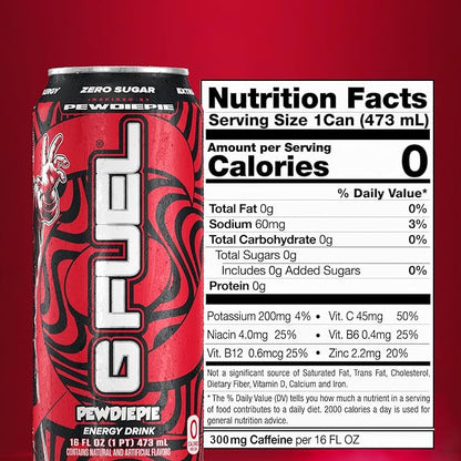 G Fuel Energy Drink, Lingonberry, Sugar Free Beverage with 300mg Caffeine, Daily Energy Boost with Focus Amino, Vitamin + Antioxidants, 16 oz Cans (PewDiePie, 12-Pack)