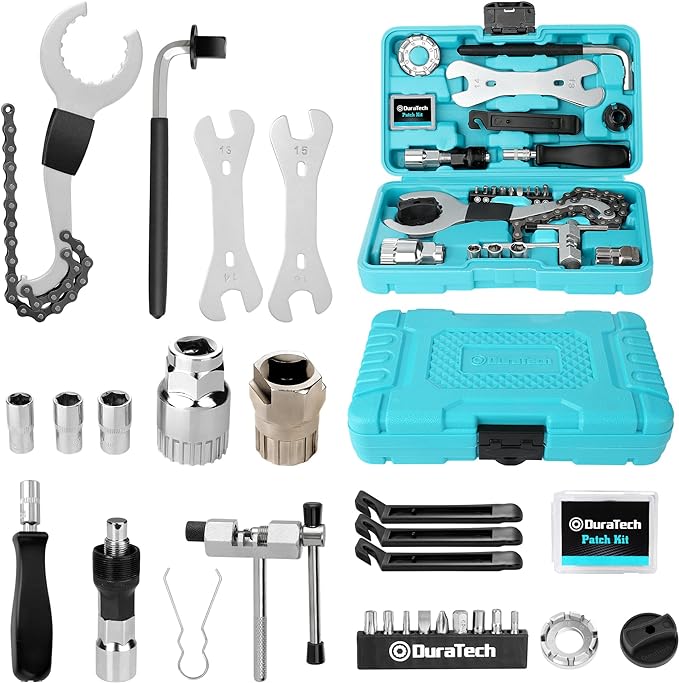 DURATECH 31 Pieces Bicycle Tool Kit, Complete Bike Repair Kit with Storage Box, Mountain Bike Repair Tools, for Mountain, Road, and Park Bicycle with Chain Riveter, Tire Levers, Crank Puller